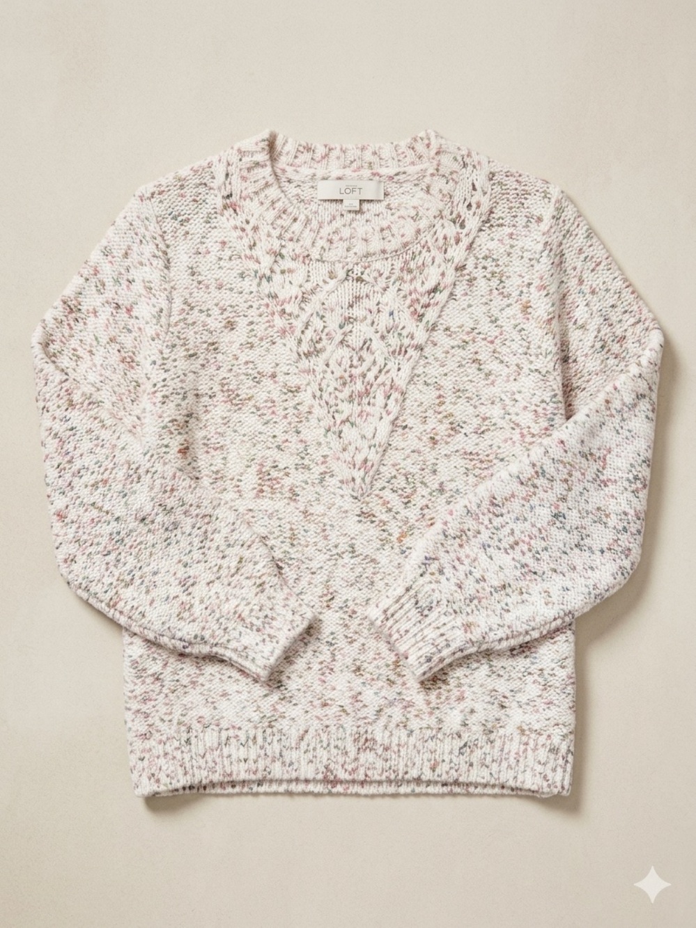 LOFT Cream Speckled Cable-Detail Crewneck Sweater, Large